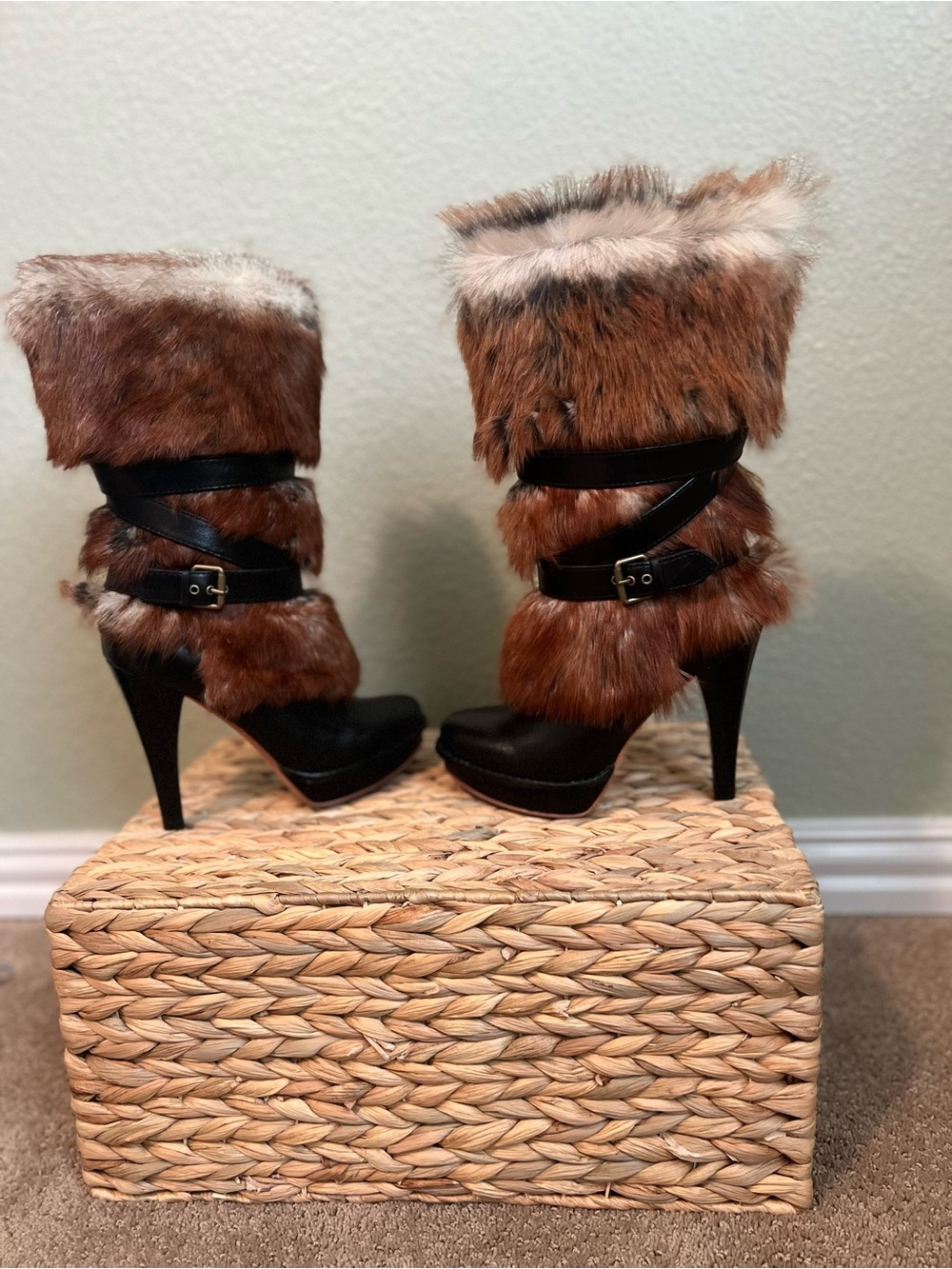 UGG Foxley boots- Fur Brown Mid-Calf High Heel Boots